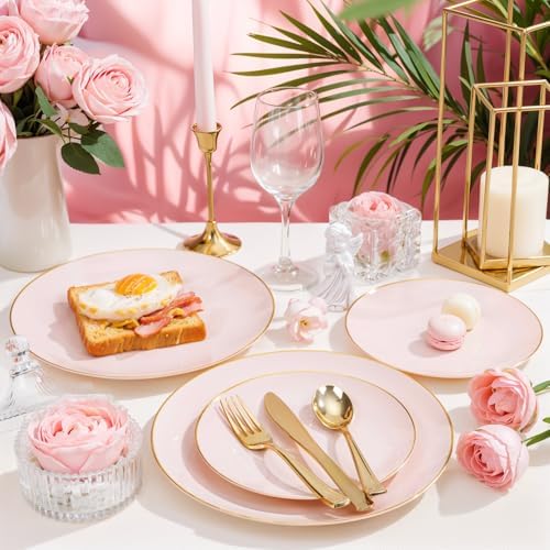 Nervure 100PCS Pink and Gold Plastic Plates - 7.5″ Disposable Salad Plates