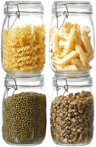 ODBCYWM 34oz Glass Food Storage Jars with Airtight Lids, Set of 4 – Clear Preserving Seal Wire Clip Fastening Canisters for Kitchen Canning, Flour, Cereal, Pasta, Sugar, Beans, Pickling Jars (34oz*4)