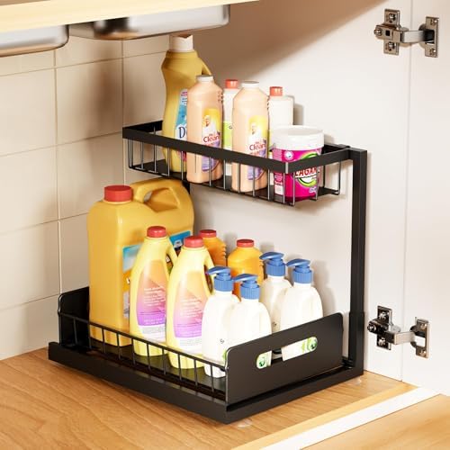 Under Kitchen Sink Organizer, Metal Pull Out Bathroom Organizers and Storage, 2-Tier Cabinet Organizer Shelf with Sliding Drawer, Home Organization for Kitchen, Laundry, Pantry, Black, 1 pack