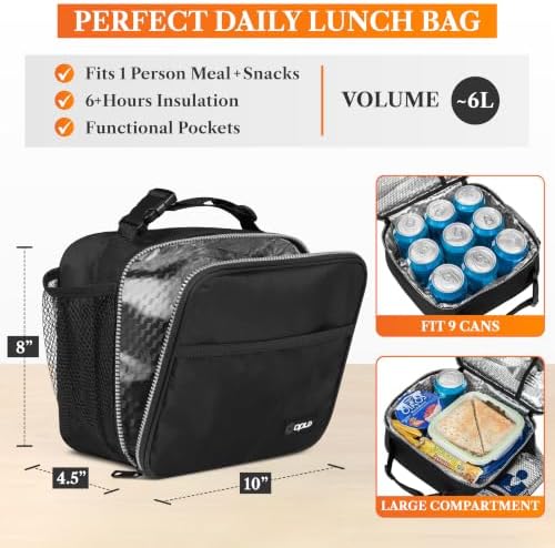 opux Insulated Lunch Bag for Kids, Reusable Lunch Box for School, Black