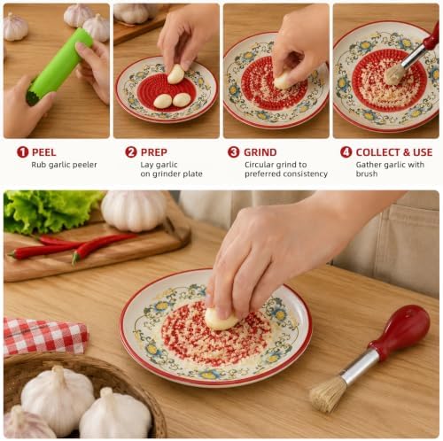Ceramic Garlic Grater Plate Set – Hand-Painted Floral 4-Piece Set with Silicone Peeler, Cleaning Brush & Display Stand – Porcelain Grater Dish for Garlic & Ginger(Red)