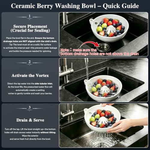 Ceramic Berry Washing Bowl with Auto-Spin Swirl Drainage