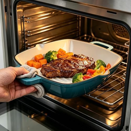 Enameled Cast Iron Square Grill Pan (Peacock Blue, 10 inch)