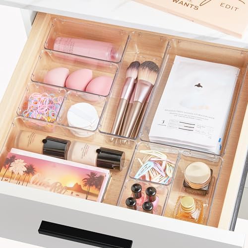 Vtopmart 72 PCS Clear Plastic Drawer Organizers Set, 4-Size Versatile Bathroom and Vanity Organizer Trays, Non-Slip Storage Containers for Makeup, Jewelries, Bedroom，Kitchen Utensils and Office