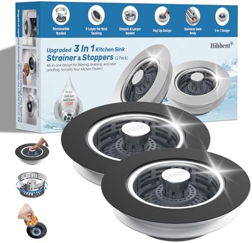 Hibbent 3 in 1 Kitchen Sink Drain Strainer, Stainless Steel Pop Up Stopper