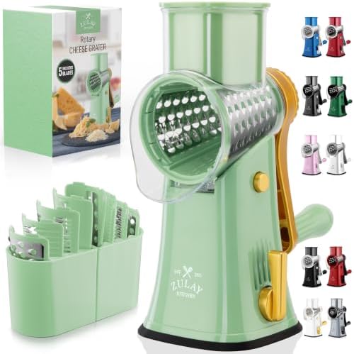 Rotary Cheese Grater Manual Hand Crank 5 Blade Shredder, Sea Foam & Gold