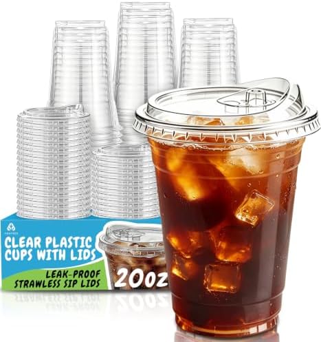 110 Pack 20 oz Disposable Clear Plastic Iced Coffee Cups with Lids