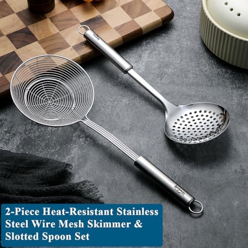 Berglander Spider Strainer Skimmer Ladle 2 Pieces, Stainless Steel Kitchen Skimmer Slotted Spoons for for Straining Pasta/Cooking/Frying, Kitchen Utensils Wire Strainer Pasta Spoon