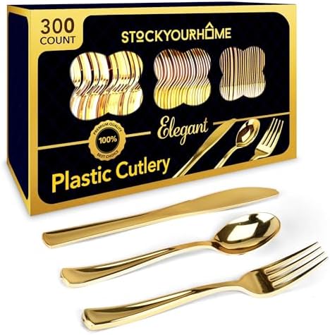 Gold Plastic Silverware Set (300-Pack) – Disposable Heavy Duty Cutlery, 100 Forks, 100 Knives, 100 Spoons for Parties, Weddings, Dinners & Holidays, Stock Your Home