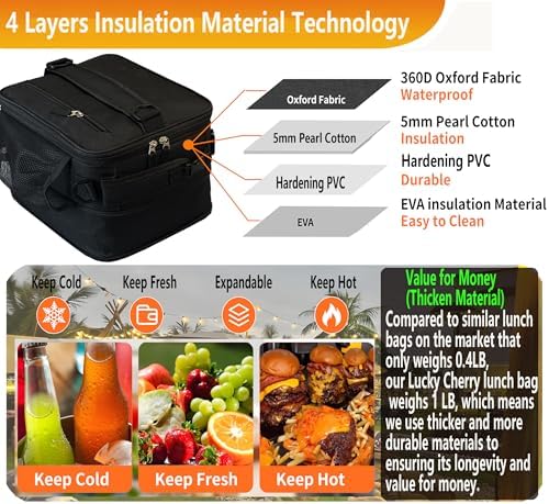Expandable Lunch Box Insulated Lunch bag for Men Teen Kids Boys Adult Portable Stylish Double-Capacity Lunchbox Special Design for Working Office school Picnic (Black Expandable 10L)