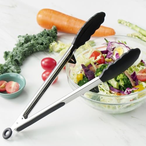 Kitchen Tongs for Cooking with Silicone Tips, 3 Size Serving Tongs, Black