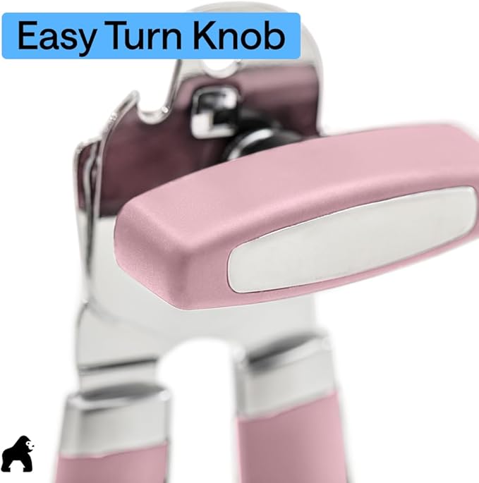 GORILLA GRIP Heavy Duty Stainless Steel Smooth Edge Manual Can Opener and Bottle Openers, Soft Comfortable Handle, Oversized Handheld Turn Knob, US Designed Multifunctional Kitchen Tool, Pink