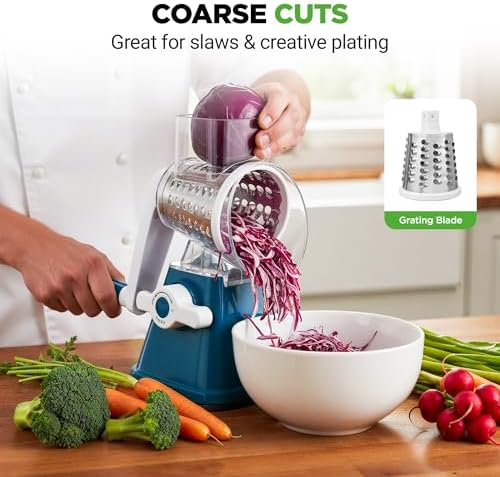 NutriChef 3 in 1 Cheese Grater & Shredder | Strong Suction Base, Rotary Handle with Safety Lock | Includes Hand Crank & 3 Drum Blades for 3 Textures, Fine, Medium & Strips | Blue