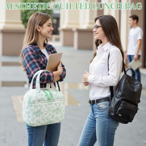 WOBAGMEN Quilted Lunch Box for Women,Coquette Aesthetic Lunch Box,Cute Elegant Green Floral Lunch Bags for Work,Office,Picnic,Travel(Elegant Green Floral)