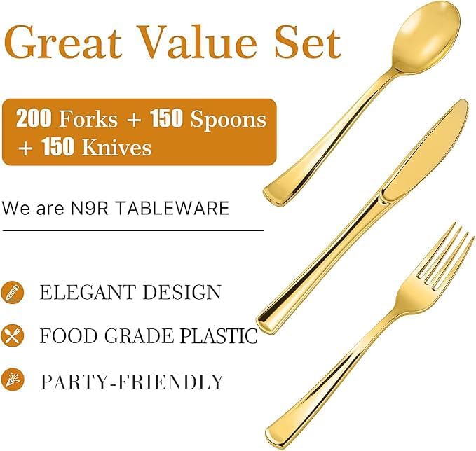 N9R 500PCS Gold Plastic Silverware, Disposable Plastic Cutlery/Utensils
