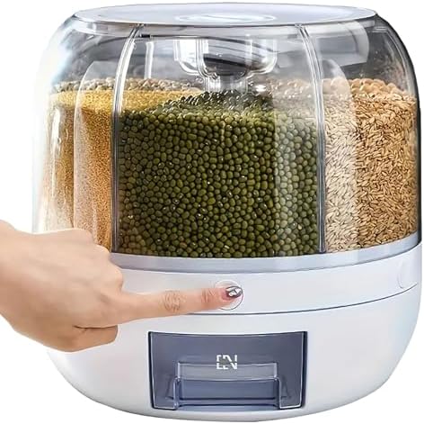 Rotating grain storage container,rice dispenser,6-compartment rice container, 360° rotating food dispenser One-Click Output rice Storage Round Grain Dispenser Kitchen for Grains, Beans, Rice.