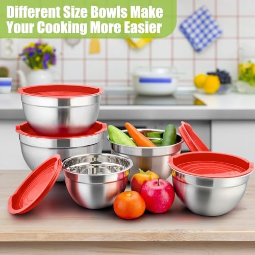 P&P CHEF Metal Mixing Bowls with Lids Set, Airtight Lids & Red