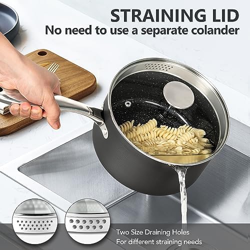 MICHELANGELO Hard Anodized Saucepan Set with Lids, Nonstick Saucepan with Pour Spouts & Strainer Lid for Easy Pour, Granite Derived Coating Sauce Pot Set - 1.5QT & 3QT Induction Sauce Pans