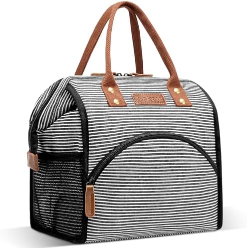 LOKASS Lunch Bag Insulated Lunch Box Wide-Open Lunch Tote Bag Large Drinks Holder Durable Canvas Thermal Snack Organizer for Women Men Adults Work Picnic Hiking Beach Fishing,Stripes