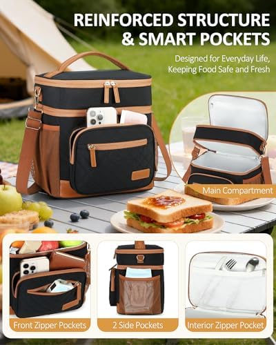 CAMTOP Lunch Box for Women Men Insulated Lunch Bag Lunch Tote Bag Leakproof Thermal Cooler Large Capacity for Travel Work School Picnic (Black Brown - 2 Deck, XX Large - 2 Deck)