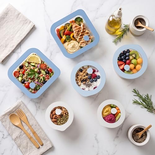 Urban Green Glass Food Container Set with Silicone Glass Lid, Square & Round Shape, 6 Pack, Airtight, LeakProof, 100% Plastic Free, Meal Prep Food Storage Containers, Blue & White Color