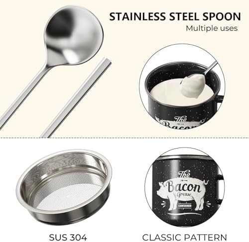 Bacon Grease Container with Strainer-15OZ Enamel Saver, Dishwasher Safe