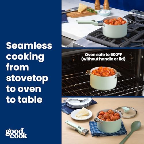 GoodCook Ceramic Sauce Pan with Removable Handle & Lid, Induction Compatible, Nonstick and Oven Safe, 3-Quart, Sage Green
