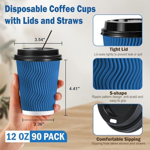 SIUQ 90 Pack 12 oz Disposable Coffee Cups with Lids and Straws - Navy