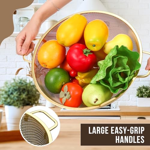 Norme 7 Quart Gold Colander and 3 Metal Fine Mesh Strainer Set