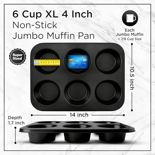 Wrenbury Jumbo Muffin Pan 6 Cup Set of 2 - Nonstick XL Deep Muffin Pan for Baking 3.75" Cup - Big Cup Tin - Oversized Extra Large Cupcake Mold - PTFE Free