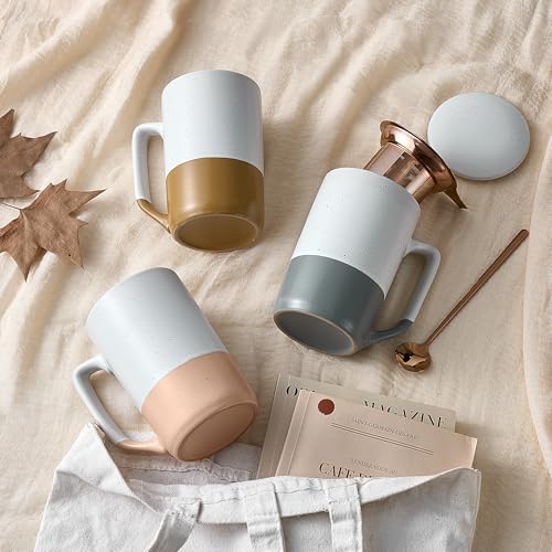 Gencywe Ceramics Large Tea Cup with Loose Leaf Infuser, Spoon and Lid, 16 oz Tall Coffee Mug, Microwave and Dishwasher Safe, Rustic Matte Ceramic Glaze, Tea Strainer (Pink)