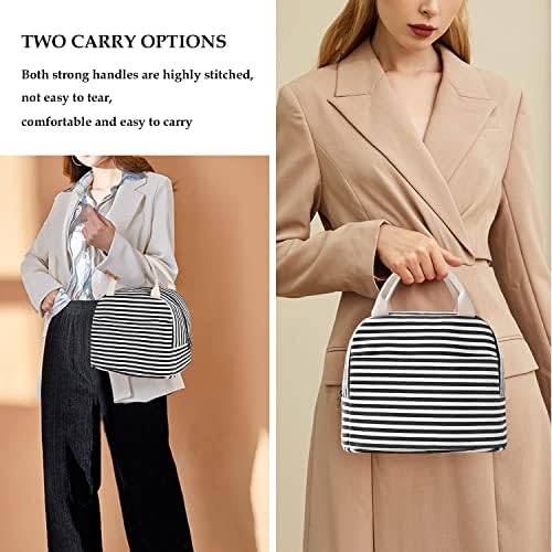 EurCross Canvas Lunch Tote Bag for Women for Work with Black and White Stripes, Reusable Insulated Meal Prep Preppy Lunch Box Bag for Daily Use, Cute Lunch Cooler Bento Boxes Bags