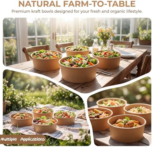 Lyellfe 50 Pack Kraft Paper Bowls with Lid, Microwave Freezer Safe