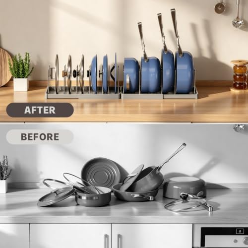 Magheo 1 Pack Expandable Food Storage Container Lid Organizers, 31.3" Pots and Pans Organizer Under Cabinet with 12 Adjustable Dividers Pot and Pan Lid Holders Rack Inside Cabinet(Gray)