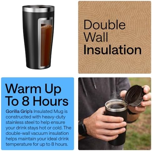 GORILLA GRIP 304 Stainless Steel Travel Coffee Mug, 20oz Tumbler, Black
