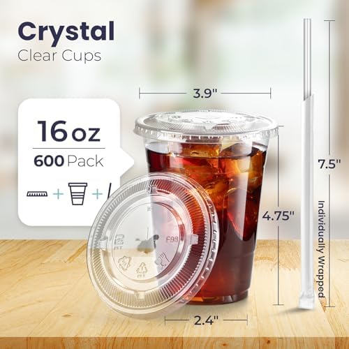 Fit Meal Prep 600 Pack 16 oz Plastic Iced Coffee Cups with Flat Lids and Clear Straws, Disposable Clear Cup, BPA Free Cup for Party, Smoothie, Cold Drinks, Juice, Milkshake, Bubble Boba, Tea