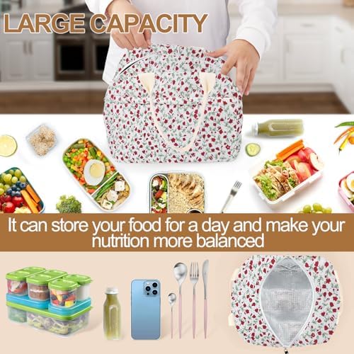 Cotton Quilted Insulated Lunch Bag, Reusable Quilted Floral Lunch Tote Bags