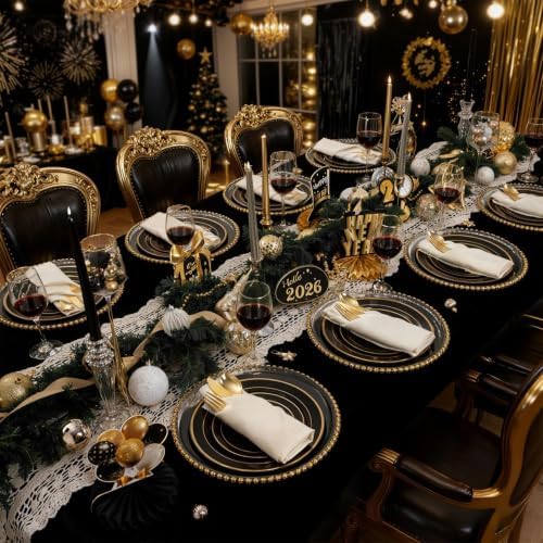 WDF Partyware 175PCS Black and Gold Plates - Black Disposable Plates for Party - 25Guests Disposable Dinnerware Set for Wedding/Party/Birthday/Halloween