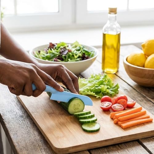 4 Pack Lettuce Knife 11/8.5" Plastic Cake Knifes to Prevent Browning Serrated Kitchen Cutter for Cutting Fruits, Cakes and Bread Dishwashable Safe for Kids Nylon Cutters for Nonstick Pans (Blue, S&L)