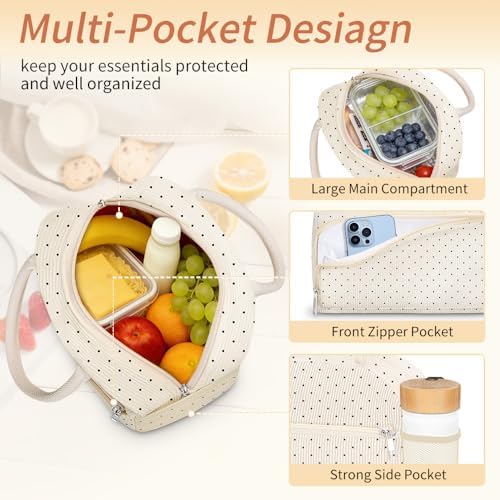 Coobiiya Lunch Bag Lunch Box for Women Men, Reusable Cute Corduroy Lunchbag - Leakproof, Insulated LunchBox Tote with Large Capacity, Dot