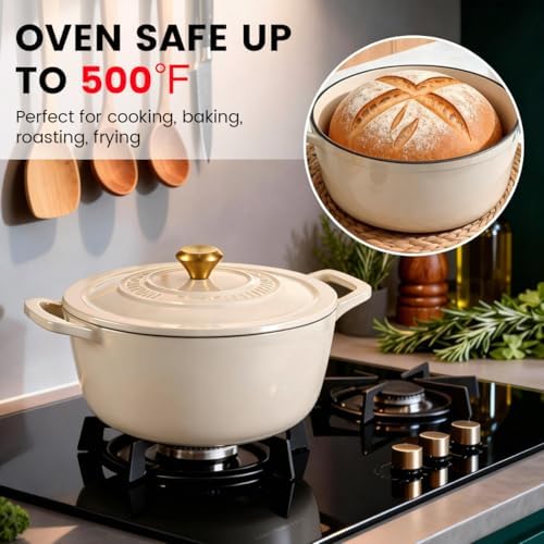 Enameled Cast Iron Dutch Oven 5.2 Qt with Lid, Cream
