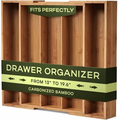 ROYAL CRAFT WOOD Carbonized Bamboo Kitchen Drawer Organizer - Silverware Organizer - Utensil Holder and Cutlery Tray with Grooved Drawer Dividers for Flatware and Kitchen Utensils, 5 Slot