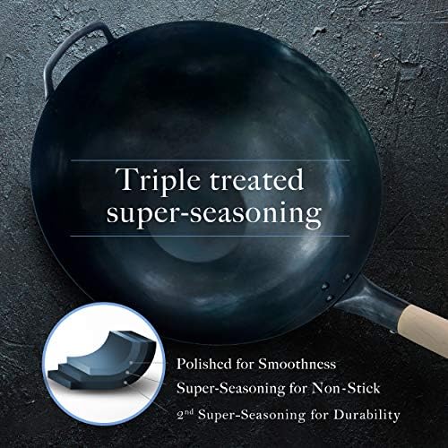 Pre Seasoned Blue Carbon Steel Flat Bottom Wok -14 Inch Chinese Pow Wok - Traditionally Hand Hammered Woks and Stir Fry Pans