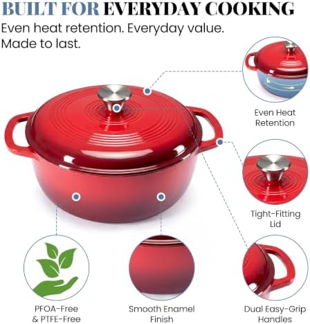 DUMOS Cast Iron Dutch Oven, 6 Quart Pot with Lid, Enameled Heavy Duty Cookware, Oven Safe to 500°F, Perfect for Bread Baking, Stews and Roasting, Moisture Sealing Lid with Dual Handles, Gradient Red