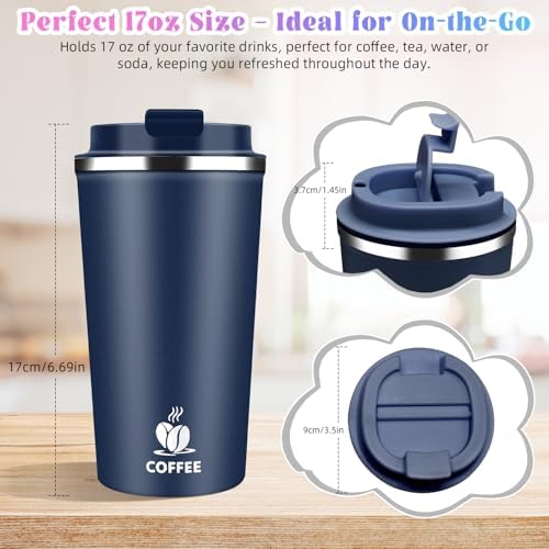 17oz Insulated Travel Coffee Mug with Flip Lid – Leakproof Stainless Steel Insulated Coffee Tumblers, Reusable Coffee Cup for Hot & Cold Drinks, Perfect for Camping & On-the-Go