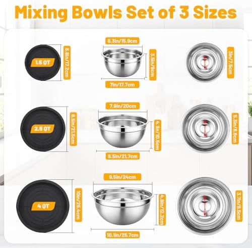 Beasea Mixing Bowls with Lids Set of 3, 1.5/2.5/4 QT Stackable Stainless Steel Nesting Mixing Bowls with Lids for Baking, Meal Prepping, Kitchen Food Serving, Storing