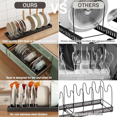 Magheo 2 Pack Expandable Food Storage Container Lid Organizers, 22" Pots and Pans Organizer Under Cabinet with 9 Adjustable Dividers Pot and Pan Lid Holders Rack Inside Cabinet(Black)