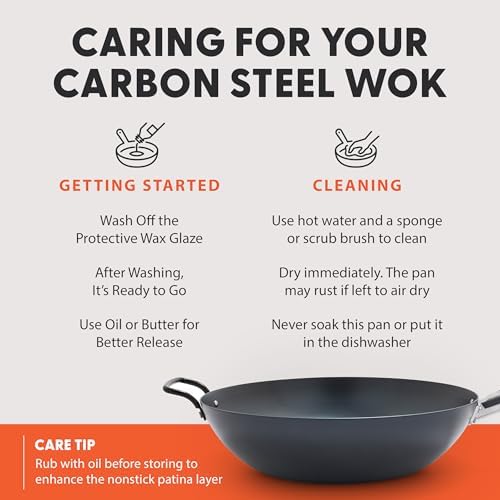 GreenPan Carbon Steel Wok 12”, Flat Bottom, Durable Stir-Fry Pan, Pre-Seasoned Nonstick Patina, High Heat Retention, Induction, Ash Wood Handle, Kyoto, Black