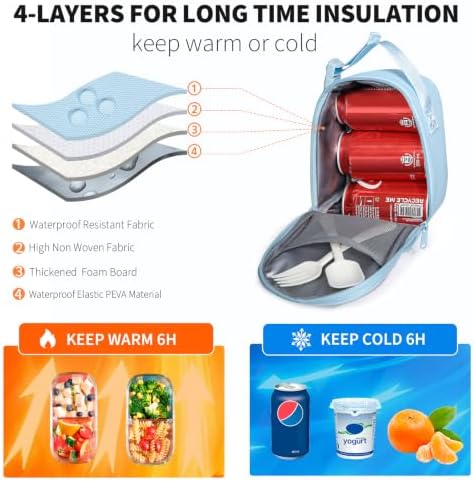NOL Small Insulated Snack Bag Mini Freezable Cooler Pouch 3L fit 3 Cans | Wide-Mouth 6hours Cool & Warm Lightweight Leakproof Nylon Box for Work Travel Light blue
