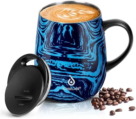 Ideus 16 oz Insulated Coffee Mug with Handle and Lid (Blue Zebra)